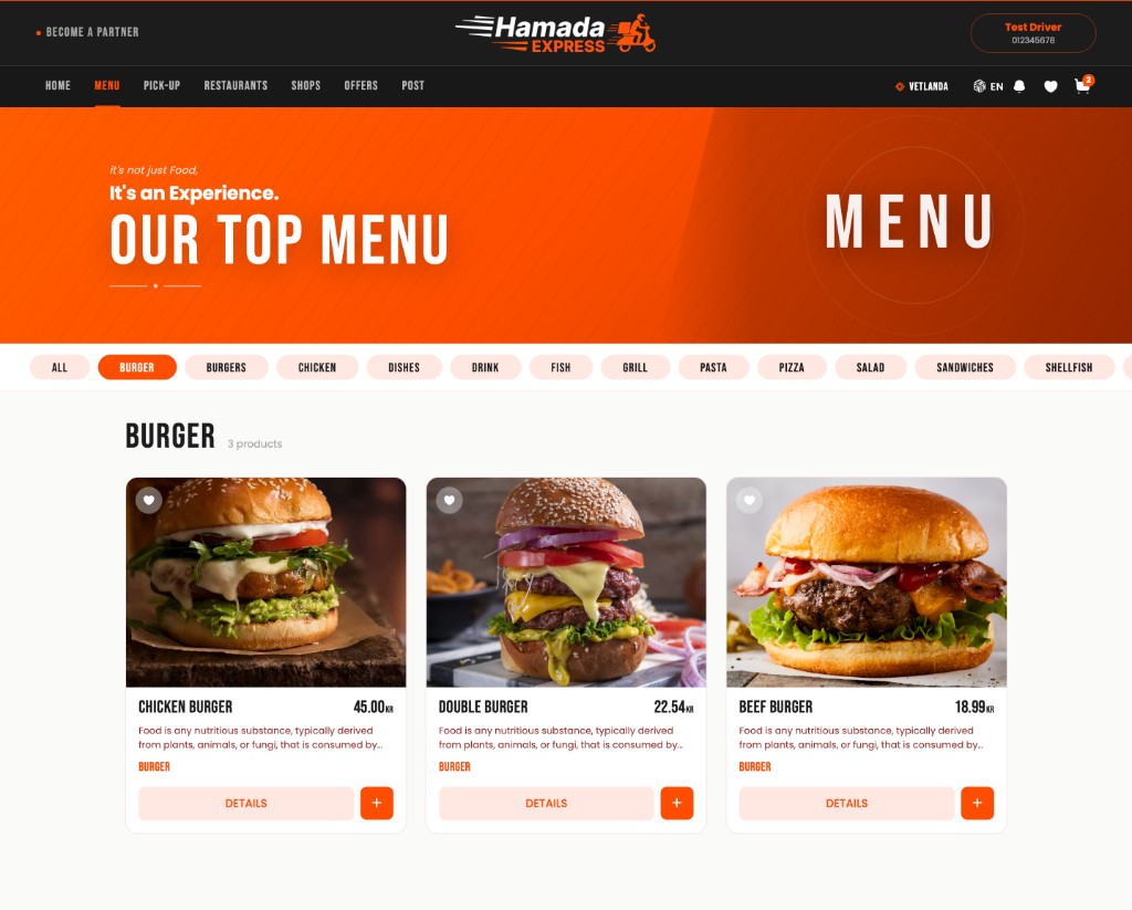 Hamada Express website — menu catalog