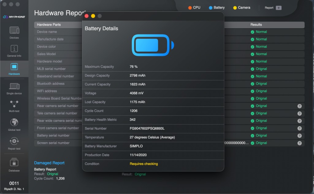 MPAI Test detailed battery health report
