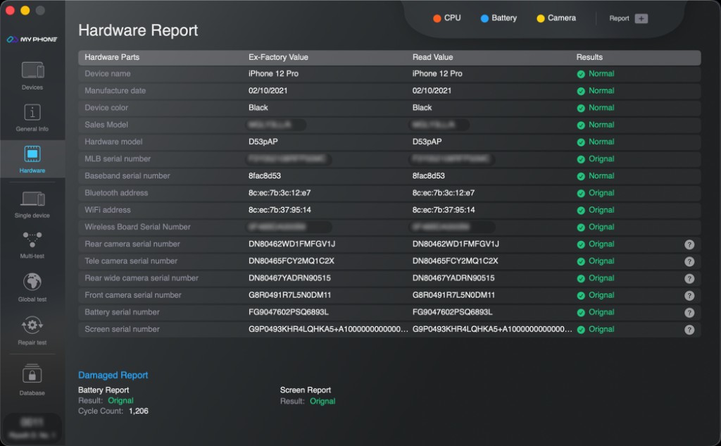 MPAI Test hardware report comparing factory and read values