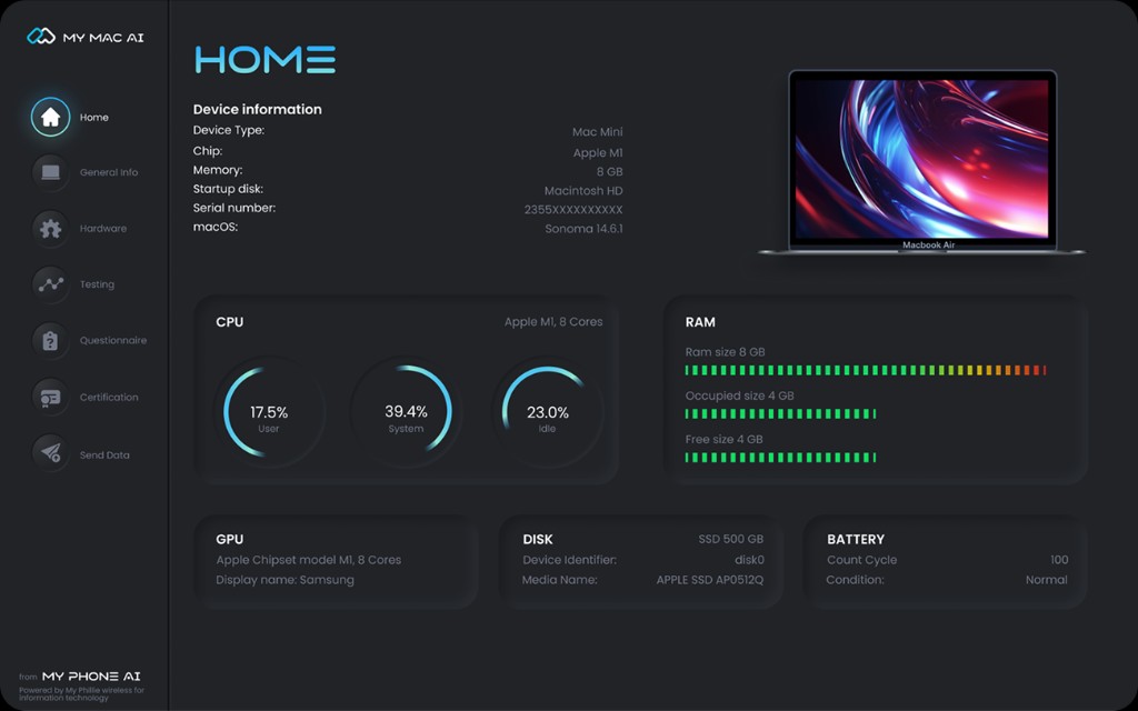 My Mac AI home dashboard with live CPU, RAM, GPU, disk, and battery status