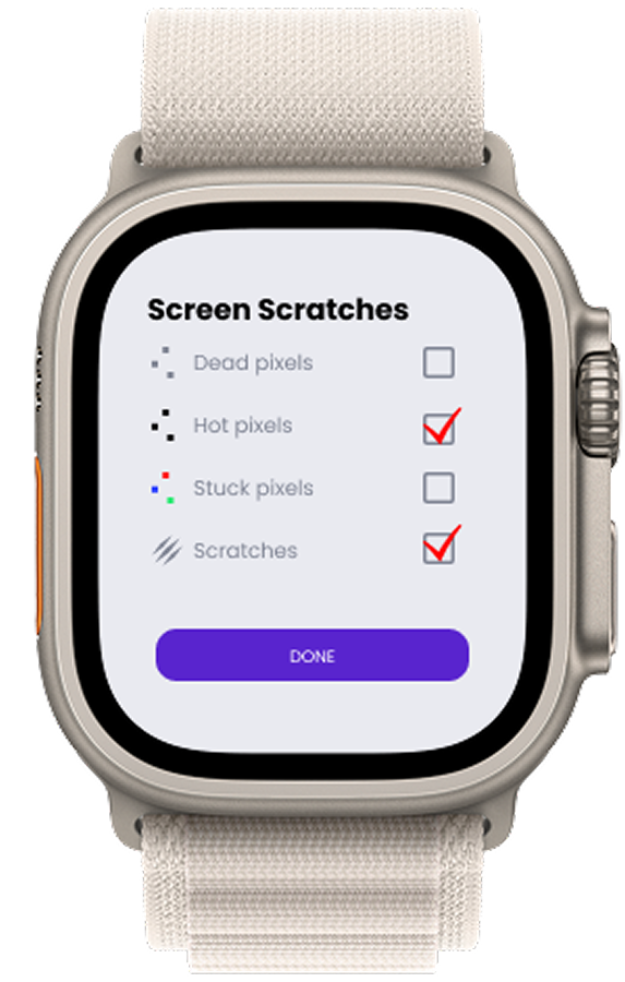 My Watch AI screen-scratch diagnostic running on Apple Watch