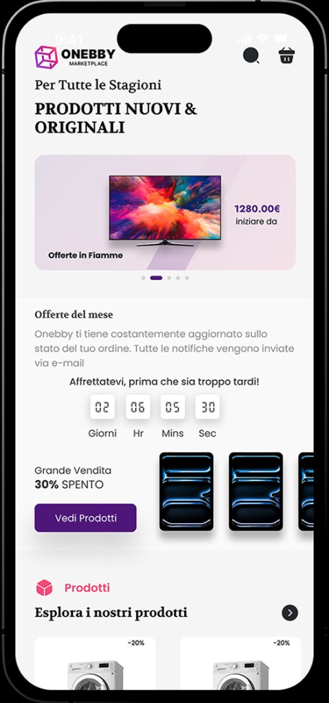 Onebby marketplace mobile app home screen