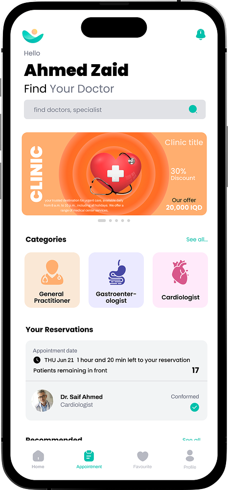 Tabeby patient app home screen with doctor search and reservations