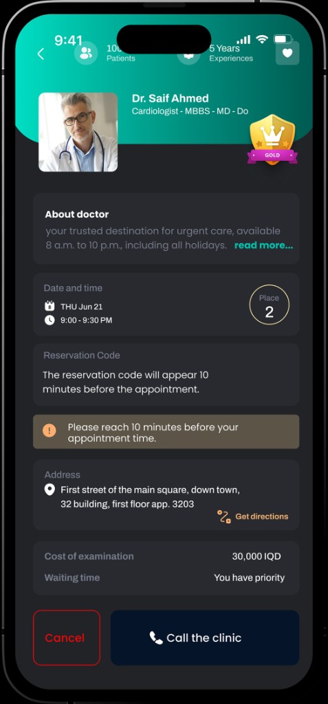 Tabeby appointment details and live queue position